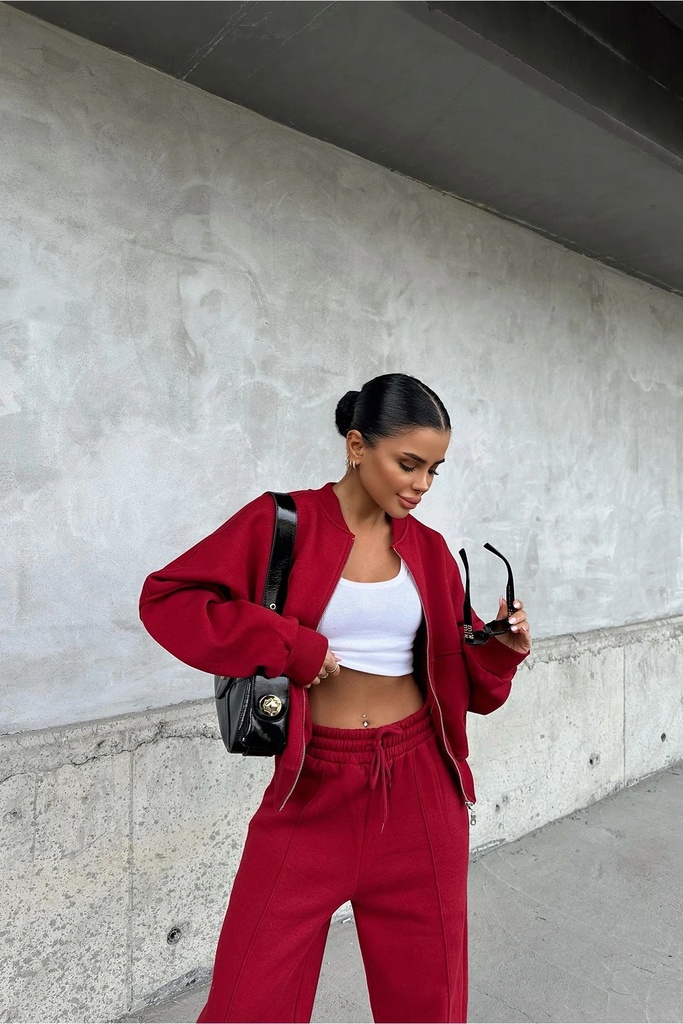 Red Zipper Detail Pants Suit