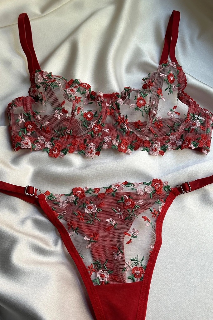 Red Floral Detailed Underwear