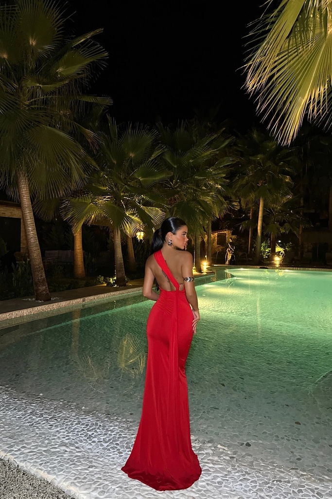 Red Back Tie Ring Detail Long Dress