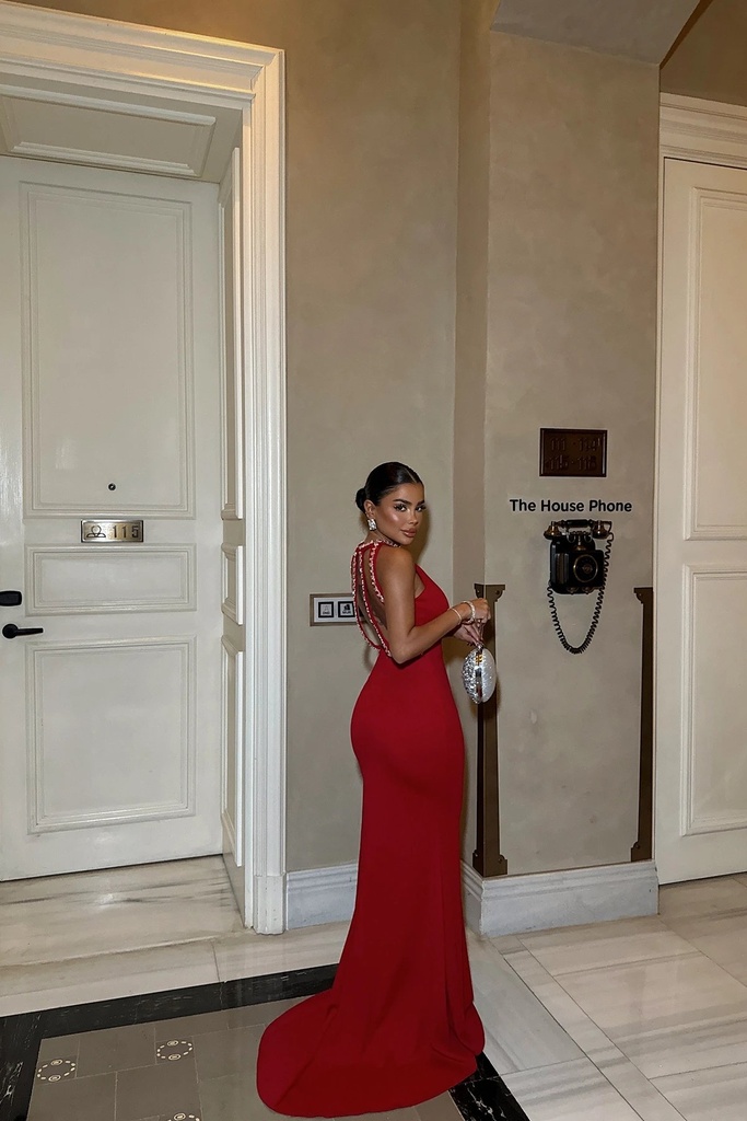 Red Pearl Detail Long Dress