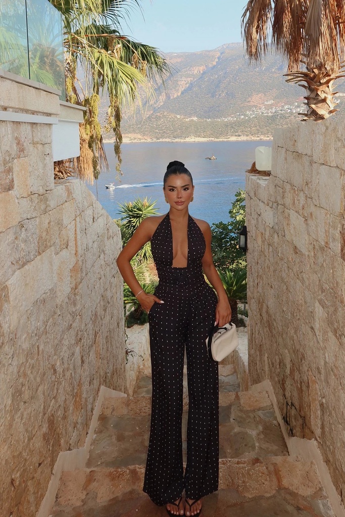 Black Rose Detail Polka Dot Jumpsuit