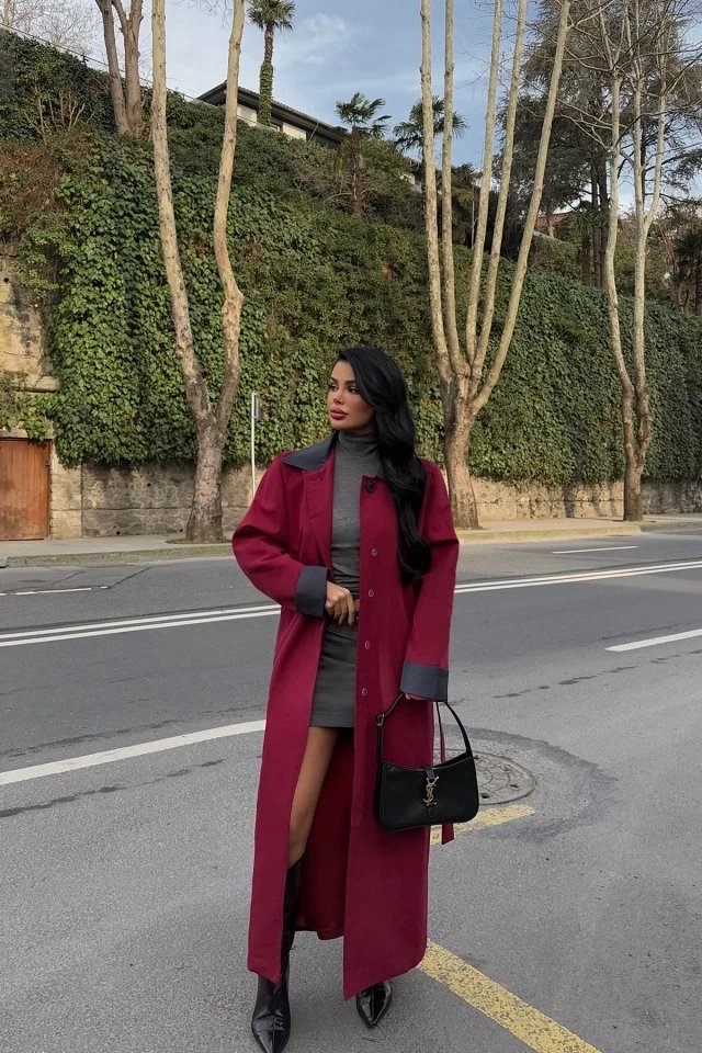 Burgundy Shirt Collar Long Trench Coat