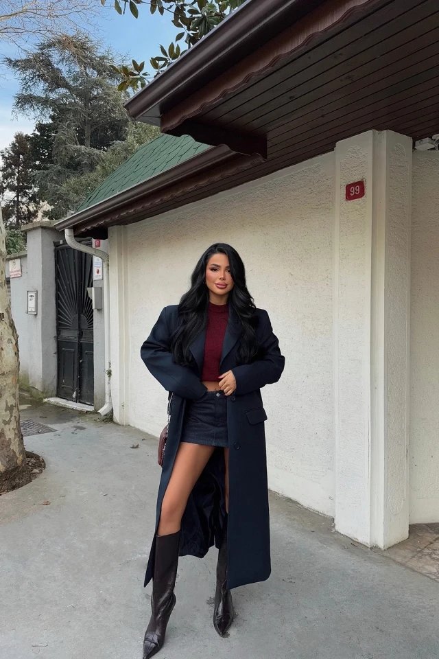 Navy Blue Button Front Pocket Detail Coat