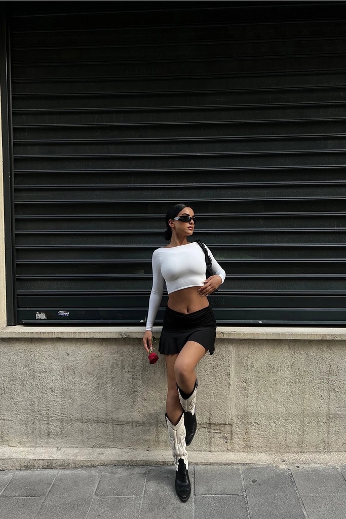 Black Shirred Mini Skirt