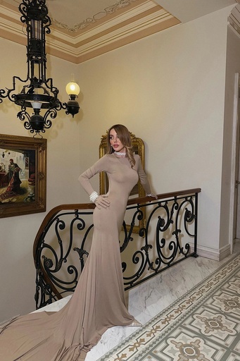 [ATE-2422-XSSML1221] Beige Maria Long Dress with Low-cut Back and Gloves