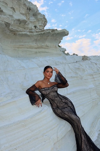 [ATE-1473-SML222] Black Lace Detail Long Dress