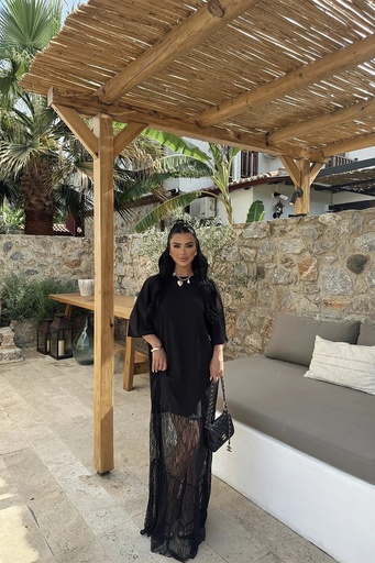 [ATE-1057-XSSML1221] Black Lace Detail Long Dress