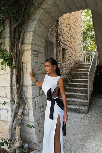 [ATE-1628-SML222] White Bow Detail Long Dress