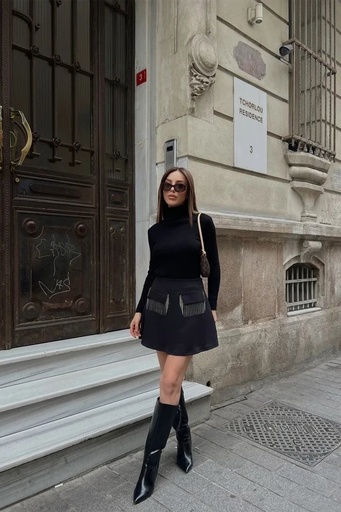 [ATE4140-SML222] Black Tassel Detail Mini Skirt