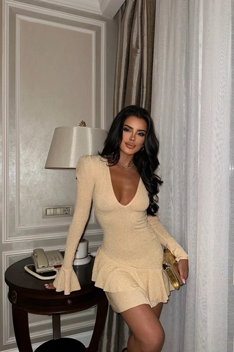 [ATE8219-SML222] Gold V -Neck Mini Dress