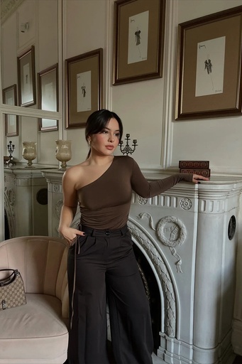 [ATE3008-SML222] Brown One Sleeve Bodysuit