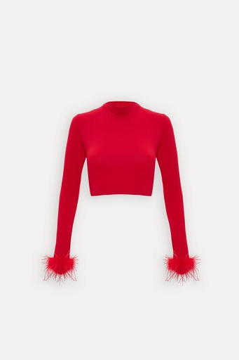 [ATE-1612-SML222] Red Sleeves Feather Detail Blouse