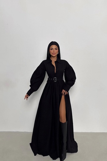 [ATE-1938-SML222] Black Belt Detail Long Dress