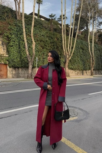 [ATE-2035-SML222] Burgundy Shirt Collar Long Trench Coat