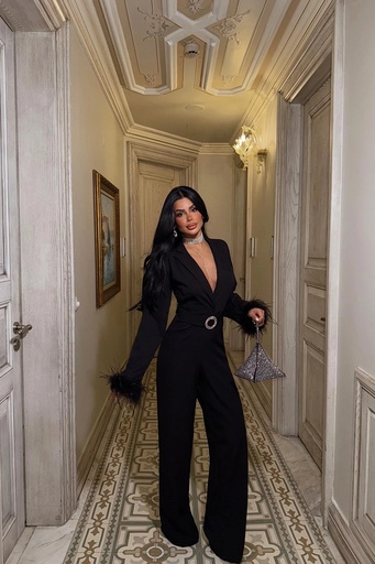[ATE-2126-XSSL121] Black Feather Detail Belted Jumpsuit