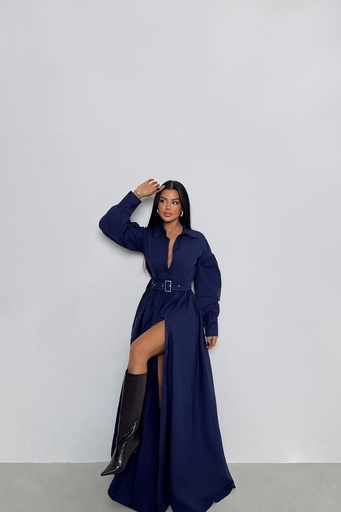 [ATE-1939-SML222] Navy Blue Belt Detail Long Dress
