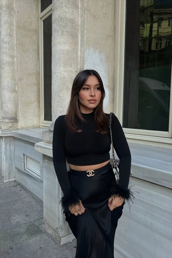 [ATE2475-SML222] Black Sleeves Feather Detail Blouse