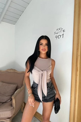 [ATE7906-SML222] Stone - Connected Crop Top From The Front
