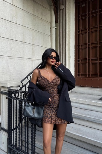 [ATE-1750-SML222] Brown Zadie Leopard Patterned Mini Tulle Dress